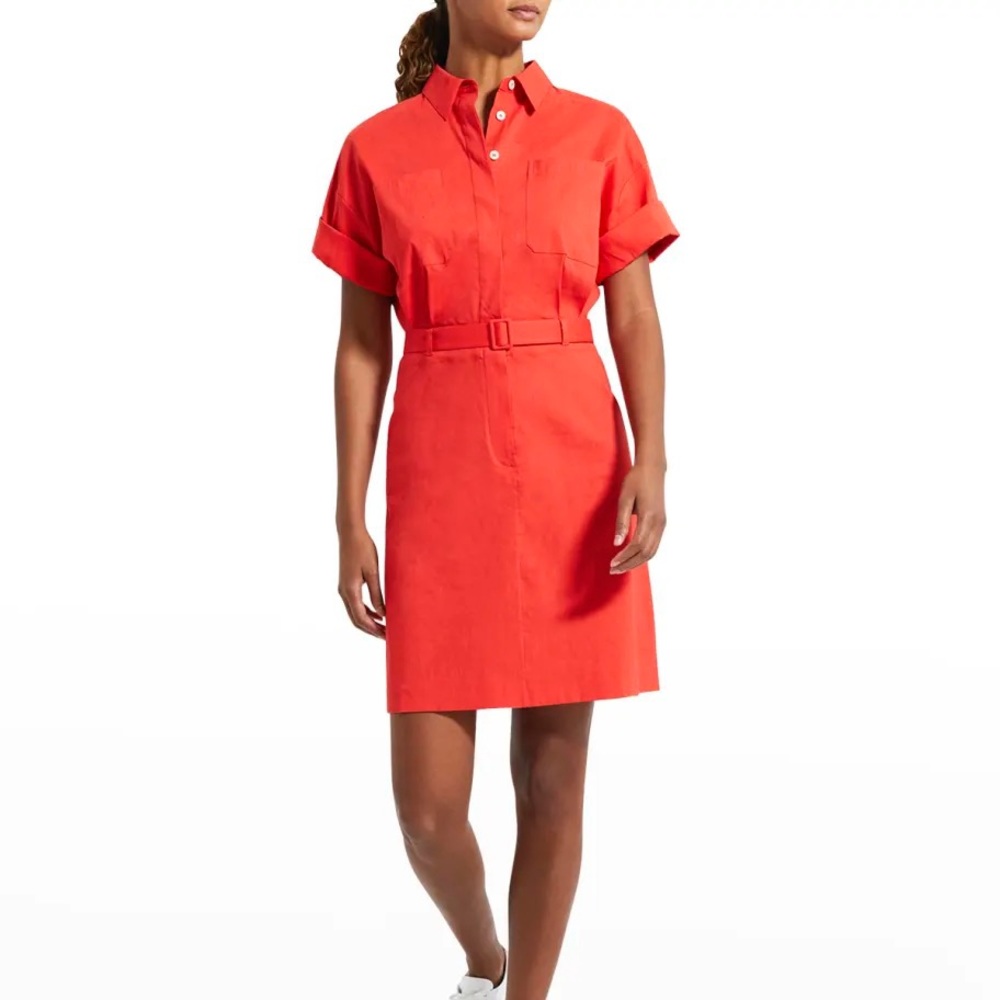 Theory Eco Crunch Belted Mini Shirtdress in Red (1/2) - Picture 10 of 11